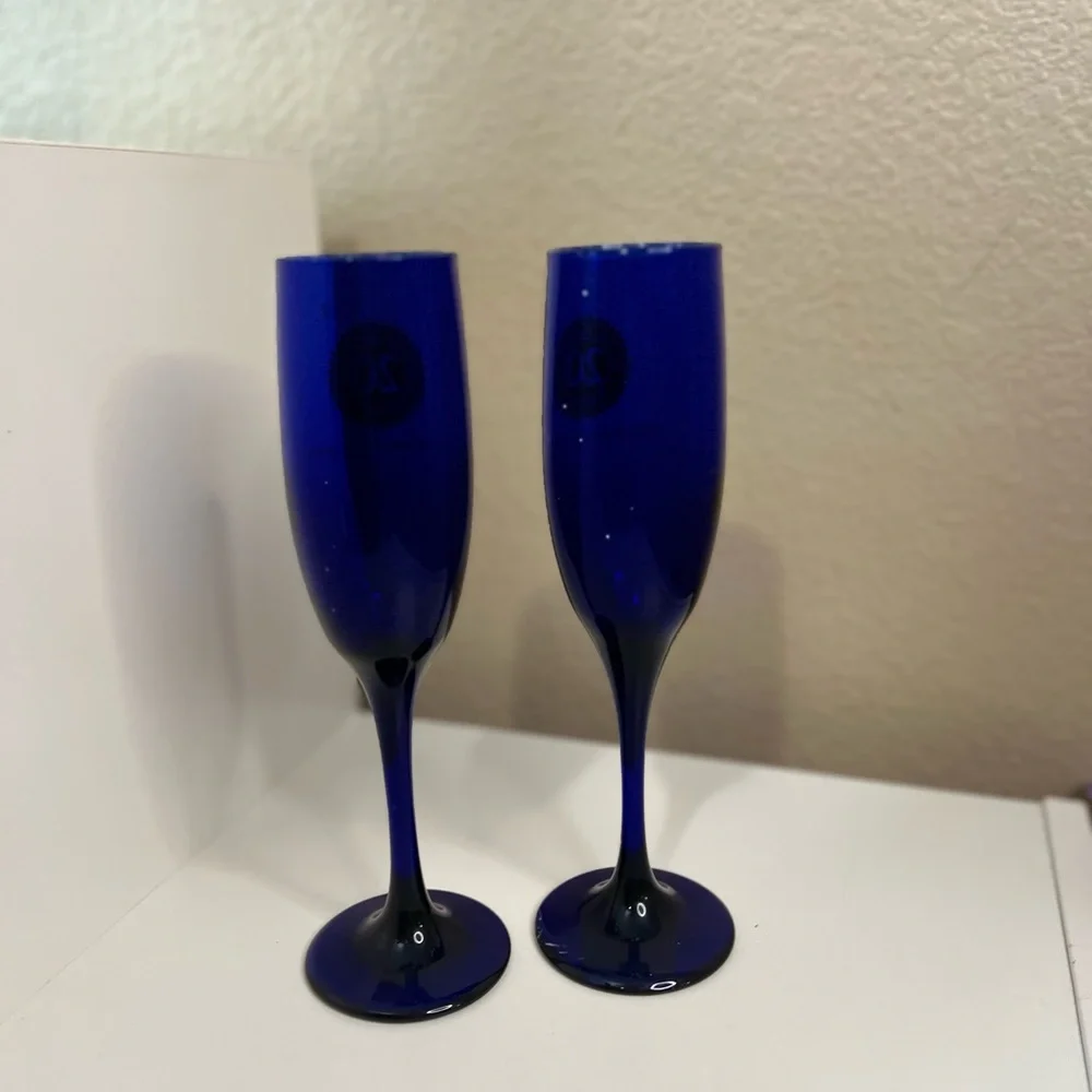 Western Sierra Bank 20th Anniversary Cobalt Blue Champagne Flutes Set of 2